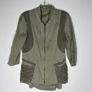 XCVI Olive Green Zip Up 3/4 Sleeve Crochet Pocket Jacket Size M